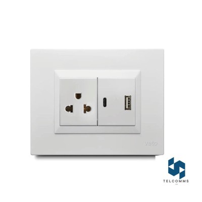 Tomacorriente P/T + 2 Tomas USB A-C Plura Blanco